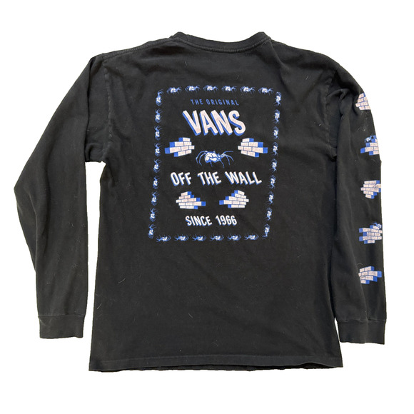 Vans Mens Long Sleeve Shirt Medium Black Off The Wall Since 1966 Back Sleeve Hit - Picture 7 of 8